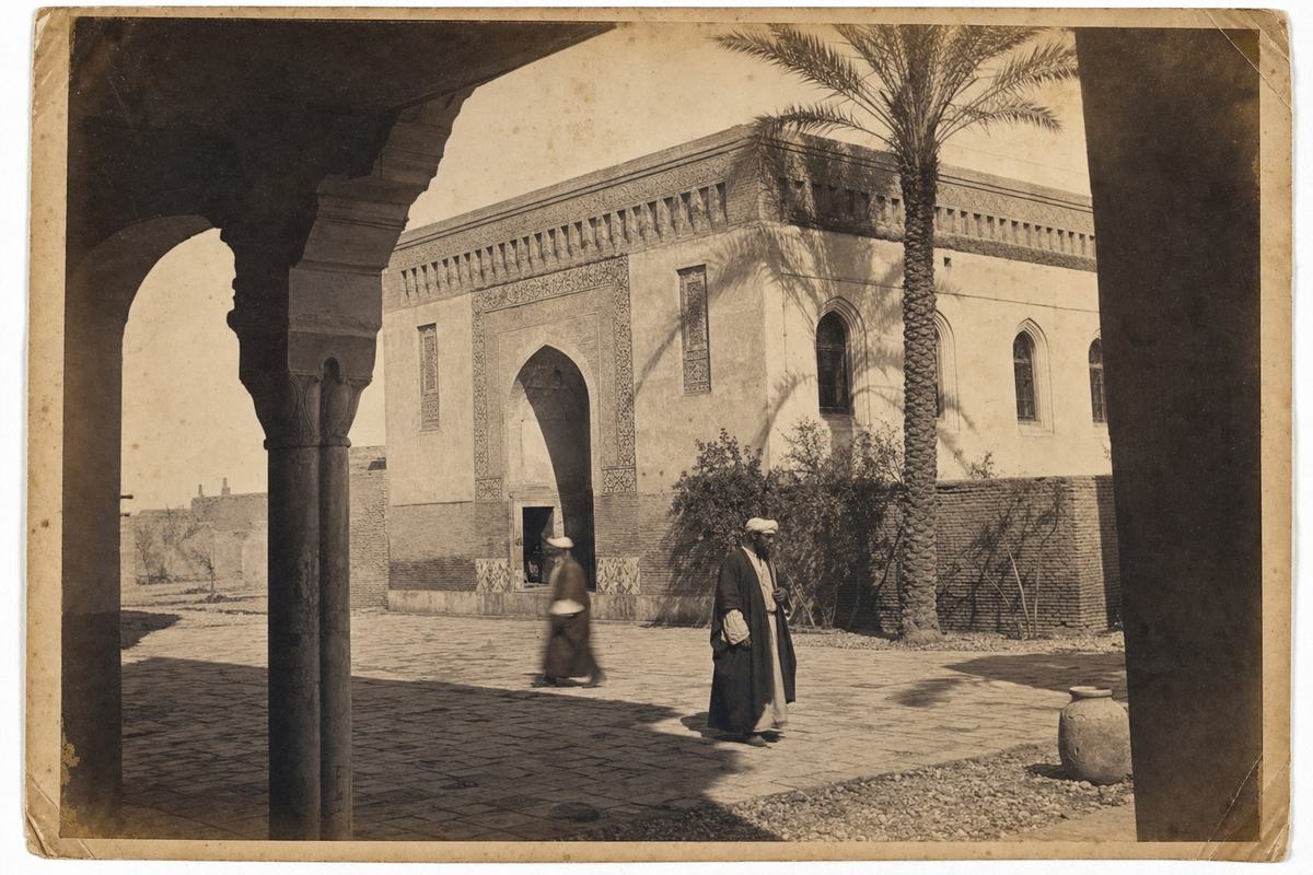 An 1870s albumen photograph of the New House of Wisdom’s courtyard and library façade.