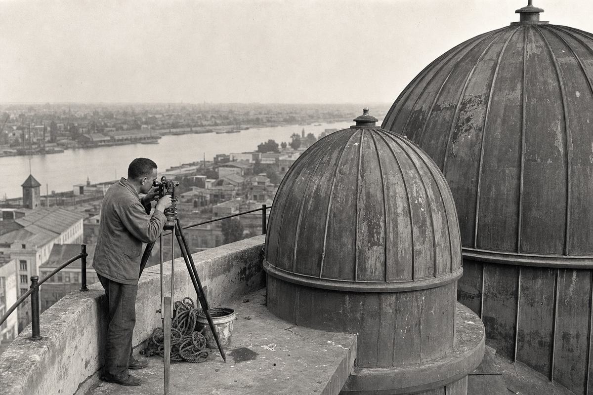 A 1930s rooftop view of the Tigris Observatory domes with a technician adjusting a theodolite.