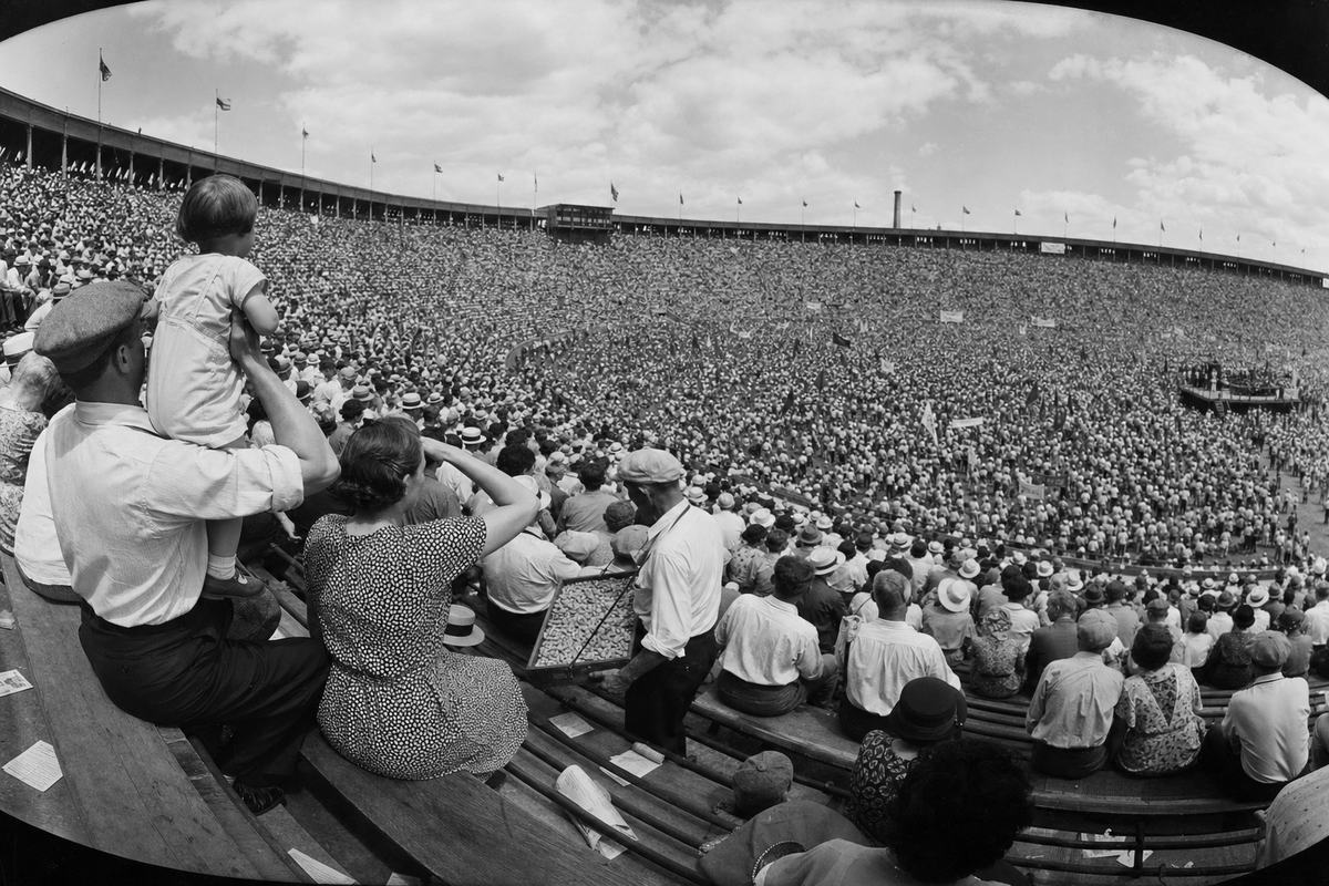 Archival black-and-white panoramic photograph, silver gelatin contact print from a Cirkut No. 10 rotating panoramic camera; broad sweep of the Soldier Field crowd during the June 3, 1937 general-strike mass meeting; banners and handmade signs angled away or folded, with no readable lettering; asymmetric composition anchored by a family group in the near left—father in a cap lifting a child while the mother shades her eyes—while the distant dais sits small near the right edge; patchy clouds, fine grain, slight curvature distortion at the frame edges, light motion blur in flags; incidental details include a peanut vendor with a shoulder tray and scattered programs under benches; no legible text.