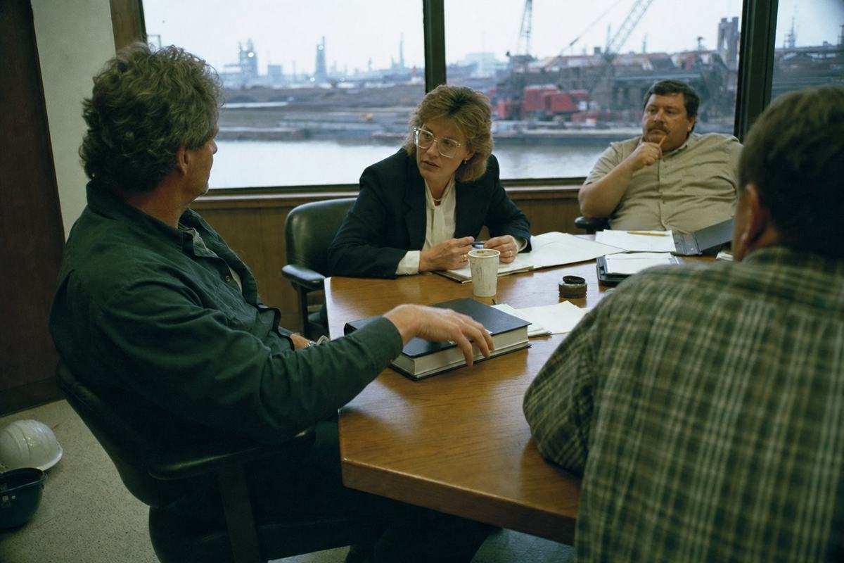 Color photograph, Fujicolor Superia 400 on 35mm negative, shot with a Nikon F3 and 50mm f/1.8 at f/2.8; co-determination board meeting at a Calumet-area steel firm, mid-1990s; asymmetric composition centered on a worker-elected director’s hand tapping a closed binder while another director—a woman in her 40s with glasses—leans forward to respond; background window reveals cranes and barges on the Calumet River under muted afternoon light; fluorescent fixtures lend a slight green cast balanced by the warm wood of the conference table; mild grain, corner vignetting from lens hood; coffee cups with stains, safety helmets on the floor by a chair; binders and papers oriented so no text is readable.