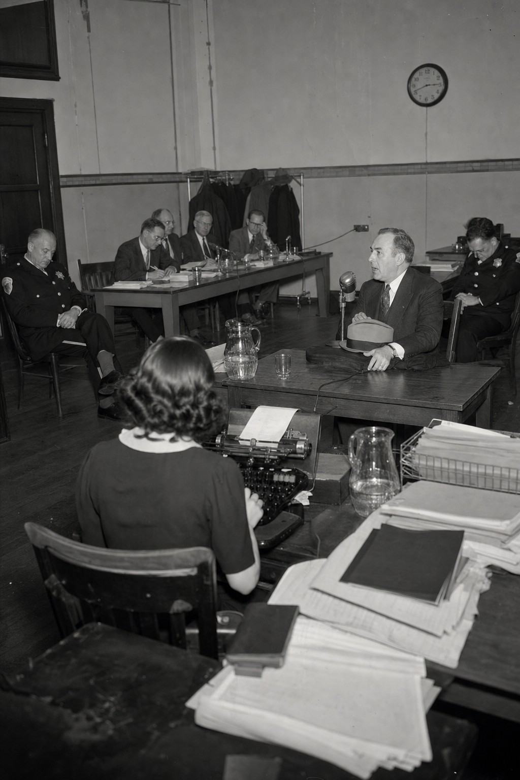 Archival black-and-white interior photograph, silver gelatin print from a 4x5 Speed Graphic with a single flashbulb; Chicago Civilian Public Safety Board hearing room, 1939–40; asymmetric composition over a stenographer’s shoulder as a middle-aged citizen in a Sunday suit clutches his hat and speaks into a tabletop microphone, while two uniformed officers sit apart with lowered heads; commissioners at long tables with glass water pitchers and pencils; harsh flash highlights on foreheads, falloff toward corners, slight lens flare, scuffed wood floor, coat rack with raincoats, ticking wall clock; stacks of onion-skin carbons and folders present but turned so no document text is legible.