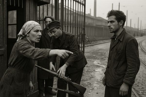 Archival silver-gelatin press photograph taken in April 1945 at the FIAT Mirafiori main gates in Turin; captured on a Leica IIIc with a 50mm Summitar lens using wartime Agfa Isopan film; pronounced mid-1940s grain, slight motion blur on moving hands, high contrast with soft highlight roll-off; asymmetric composition with the wrought-iron gate and guard booth crowding the left edge and a tight knot of workers and partisans occupying the right; one factory guard mid-gesture stacks his carbine atop two others on the cobbles, a woman in an oil-stained headscarf points toward the gatehouse, a young partisan with a worn jacket and stubble watches the street; wet cobblestones with puddles, bicycles leaning against the fence, a tram track glinting in the background, factory chimneys and pale overcast sky; incidental litter and scuffed paint, no legible signage or text anywhere.