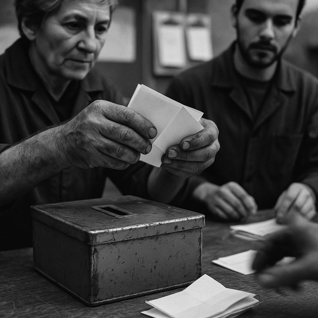Archival black-and-white close-up of a ballot count on a shop-floor table at a Turin plant in 1969; photographed on Kodak Tri-X 400 with a Nikon F and 105mm lens; tight, square crop with shallow depth of field; asymmetric focus on a worker’s oil-stained hands opening a folded paper ballot over a dented metal ballot box with scuffed edges; distinct partial faces at different heights—an older woman with lines around her eyes, a younger man with a short beard looking down; background shows a noticeboard and clipboards pinned with papers rendered out of focus and illegible; visible wood grain and scratches on the tabletop, slight motion blur of a counting hand.