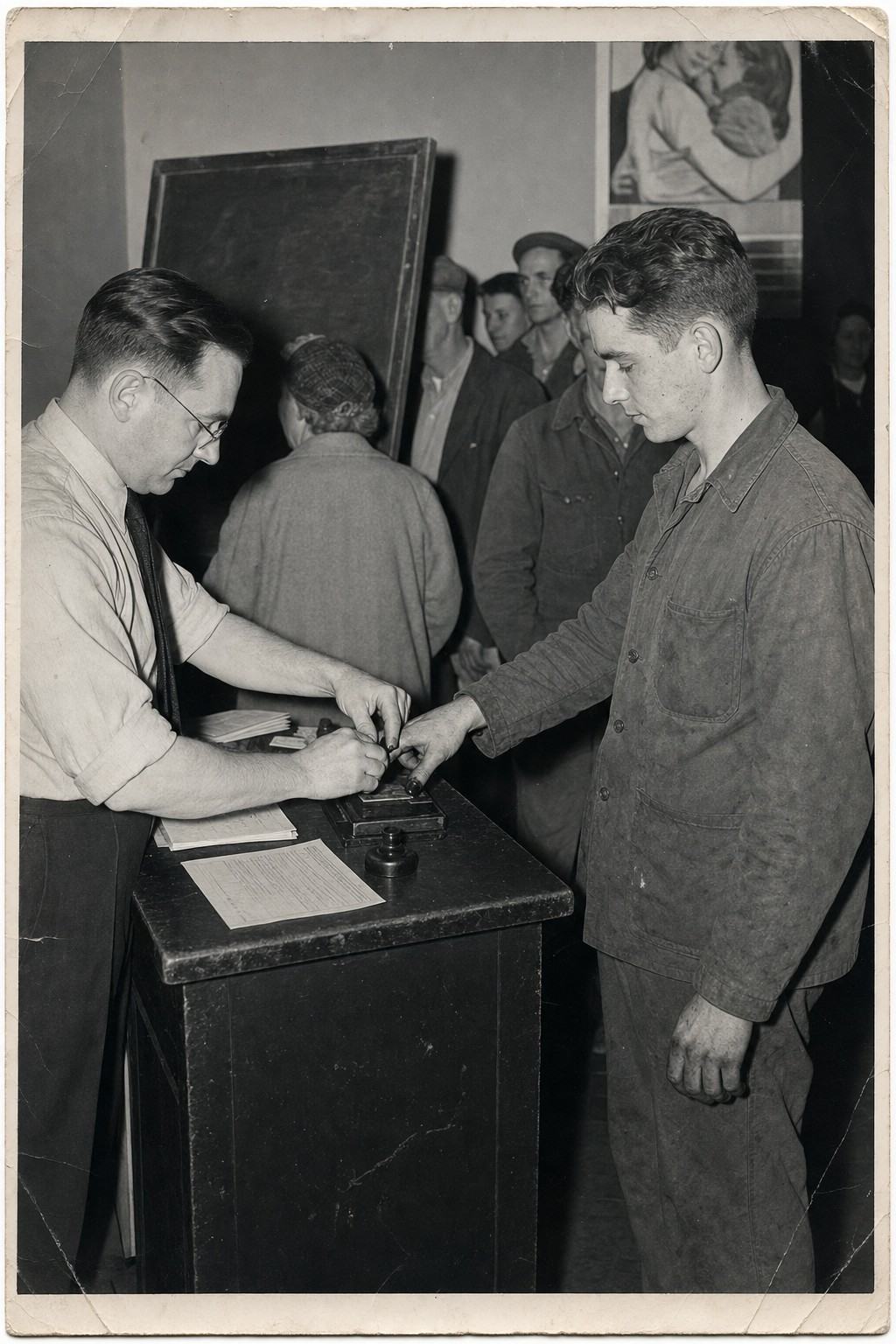 Archival black-and-white press photograph from 1942 at a post office enrollment station during wartime registration; silver gelatin print from a 4x5 Speed Graphic with flashbulb, crisp foreground with slight background falloff. Dominant subject: a postal clerk in shirtsleeves rolling a young factory worker’s fingertips on an inked platen at a tall counter; the worker’s canvas jacket and grease-marked knuckles show recent shift work. Background includes a chalkboard turned away and a ration poster partially cropped with no legible lettering; a short queue is blurred behind. Edge wear, faint handling creases, and mild flash shadow on the counter; no readable text anywhere.