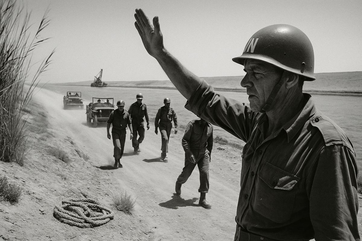 Black-and-white press photograph, March 1957, along the Suez Canal; silver gelatin print from 35mm Tri-X 400. A UN Guard patrol moves in a loose column beside the water: two light vehicles (open-top jeeps) with dust trailing, followed by four helmeted peacekeepers on foot. Asymmetric frame from canal bank level; one sergeant in foreground lifts an arm to signal, face lined and sunburned, chin strap loose. Harsh midday sun, high contrast, heat shimmer over the canal; a dredger sits distant on the water; wind-blown reeds, discarded rope coil in foreground. Shot on a Leica M3 with 35mm lens; slight motion blur in boots, off-level horizon by a few degrees, edge vignetting. No legible markings or text.