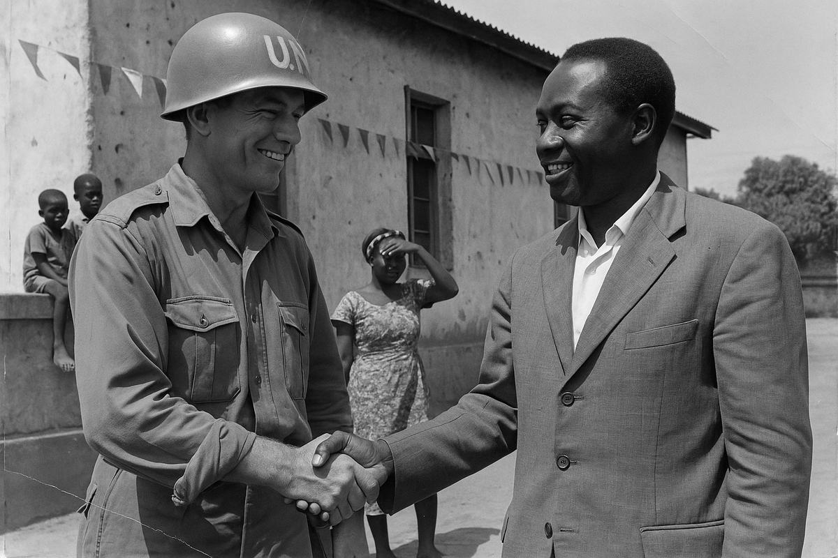 Black-and-white press photograph, January 1963, Elisabethville (Katanga); silver gelatin print from 35mm Tri-X 400. Dominant subject: a UN officer in field dress shakes hands with a Congolese provincial representative in a simple suit; the handshake occurs off-center left, both men mid-smile, sleeves slightly dusty. Background: a sun-faded stucco building with pockmarks, bunting without legible text, two children perched on a low wall, and a woman in patterned dress shielding her eyes. Asymmetric, candid composition taken at chest height with a Nikon F and 50mm lens; strong African sun causing hard shadows, slight flare at top edge; print shows a light crease and developer marks near the border. No legible signs or lettering.