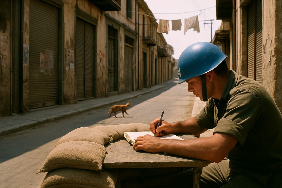 Color photograph, mid-1970s, Nicosia buffer zone; Kodachrome 64 slide with warm reds and deep blues. A UN checkpoint on a narrow street: dominant subject is a blue-helmet sentry in shade, writing in a paper logbook on a sandbagged table; his posture slightly hunched, forearms dusty. Background: shuttered storefronts with peeling paint, faded posters with no legible text, a stray cat crossing, laundry lines sagging between balconies, overhead electrical wires. Taken with a Nikon F2 and 35mm lens; midday heat haze softens the far distance; moderate contrast, fine Kodachrome grain, slight overexposure on sunlit stone. No signage or lettering visible.