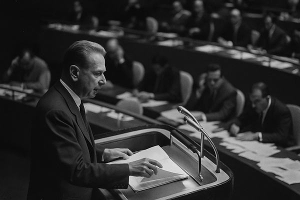 Archival black-and-white press photograph, late 1950s, silver gelatin print from 35mm Tri-X 400 negative. Dag Hammarskjöld at the UN General Assembly podium, caught mid-gesture as he turns a page with his left hand; asymmetric composition from stage-right balcony. Tiered rows of delegates behind him: one man adjusts his earpiece, another leans forward over scattered papers; small desk ashtrays and translation headsets visible. Period gooseneck microphones on the wooden lectern; ceiling lights produce mild halation; moderate grain, slight motion blur in Hammarskjöld’s hand. Captured with a Leica M3 and 90mm lens, uneven exposure across the frame, scuffed print edges. No legible text or signage anywhere.