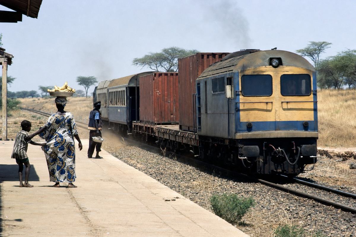 Color photograph from November 1980 showing a standard-gauge freight-passenger mixed train departing a rural station on the Dakar–Bamako line. Shot on Ektachrome 100 with a Canon A-1 and 85mm lens, moderate contrast, gentle blue cast in shadows, slight motion blur on wheels and dust plume. Asymmetric composition: three-quarter view of the locomotive nose entering from right, followed by container flats and a single passenger coach; platform edge in foreground with a woman in a patterned dress balancing a tray, a child tugging her sleeve, and a vendor stepping back from the track; dry grass and scattered stones by the ballast; distant acacia trees under a pale sky. No readable numbers, logos, or lettering on the locomotive, cars, or signage.