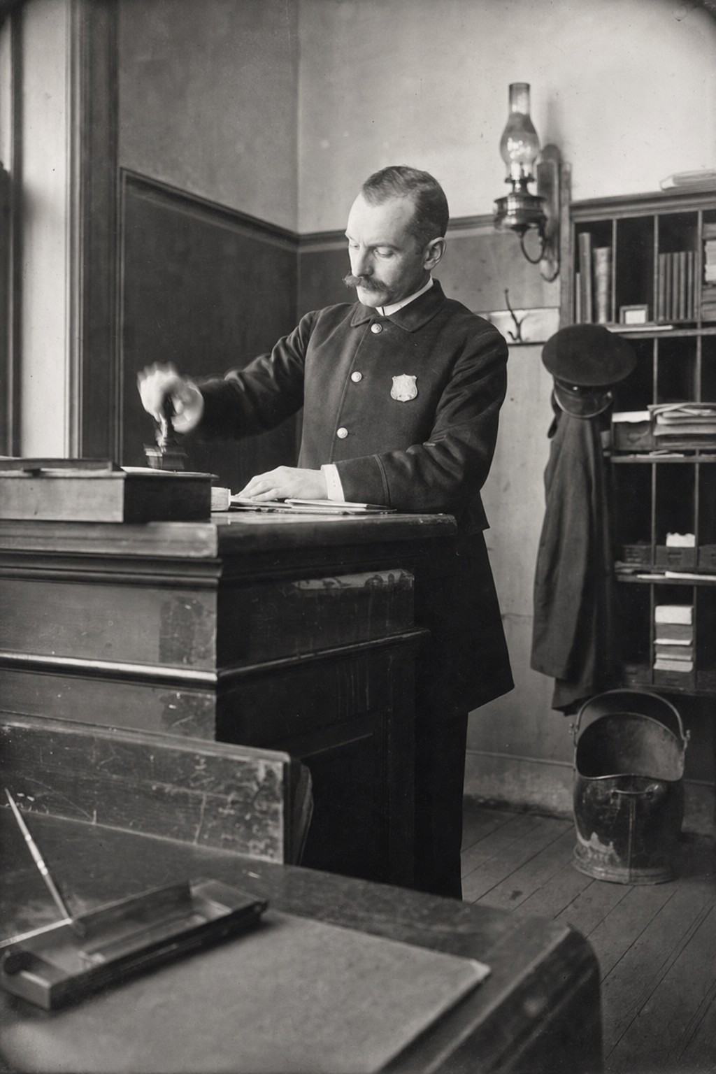 Dover Custom House interior around 1909, showing a customs officer at a high desk with ledgers and a stamp.