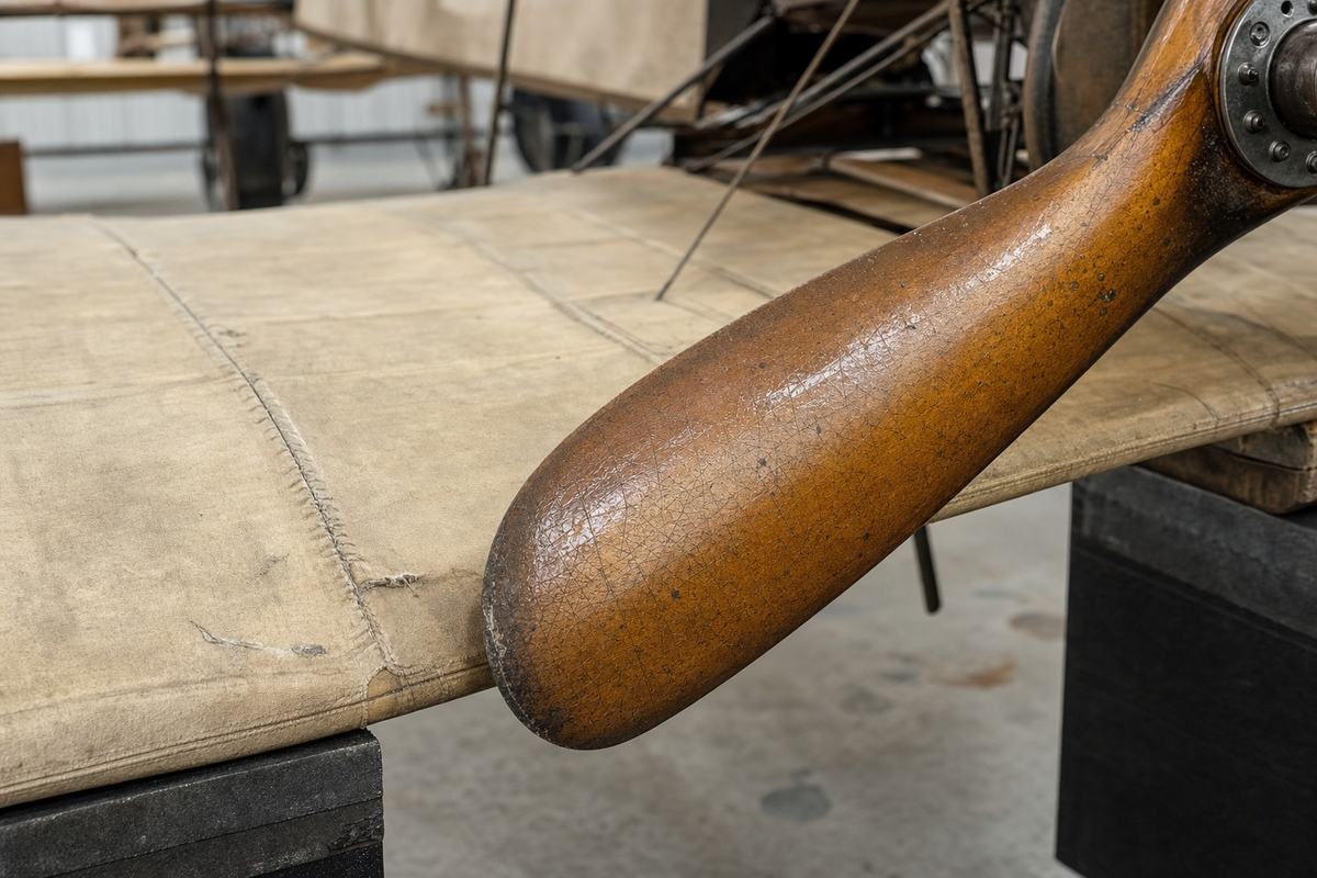 Close-up of a Blériot XI propeller tip and linen-covered fabric, showing varnish crazing and stitch detail.