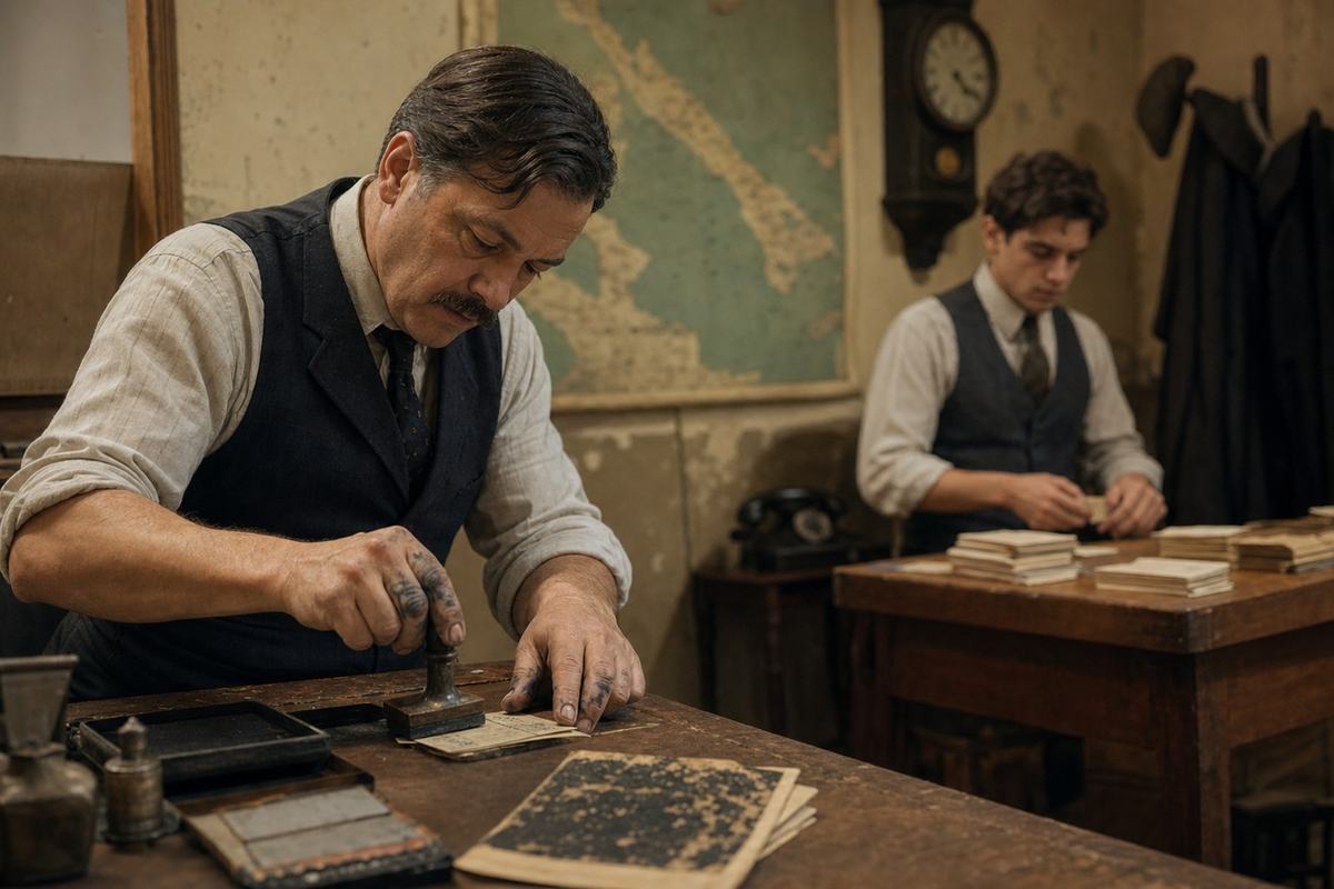 Docudrama still of a 1930s permit office: clerks stamping Strait Flight Permit coupons beside a wall map and a clock.
