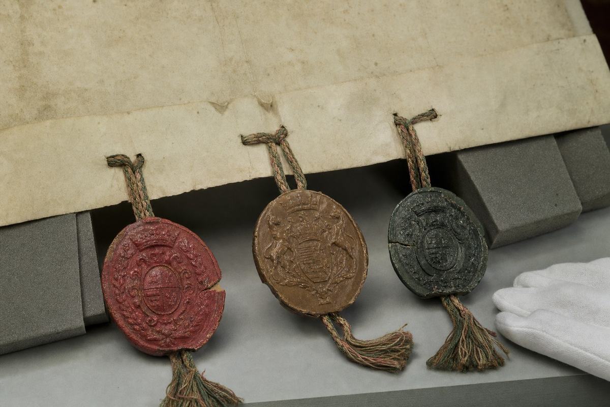 Archival object-study photograph of the 1842 Straits Compact: tight oblique crop of the parchment’s lower margin showing three hanging wax seals (red, brown, and dark green) impressed with armorial devices and suspended by braided silk cords; raking light reveals parchment grain, light foxing, and edge nicks; seals show chips and gentle surface abrasion; resting on gray foam supports on a conservation table, with a cotton glove partially visible at frame edge; neutral color balance; shallow depth of field with background falling soft; no manuscript text or any lettering visible within frame; captured in 2003 with a copy-stand digital camera and macro lens.
