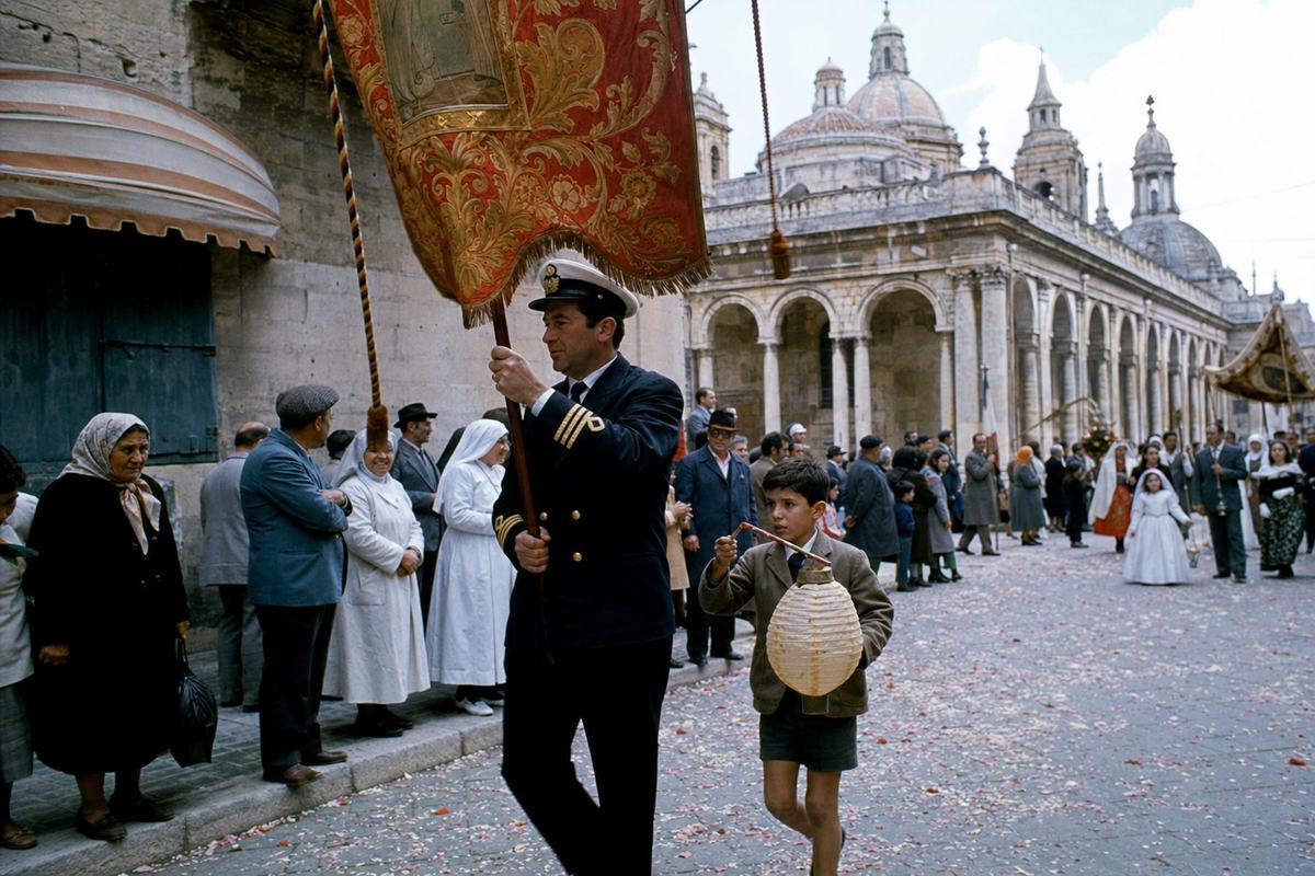 Mid-1960s Kodachrome 64 color slide of an anniversary procession along the Mese (Commonwealth Avenue): a banner bearer in a navy pilot’s jacket strides left to right with a patterned (no lettering) red-and-gold standard, a boy beside him holding a paper lantern; saturated reds and deep cyan shadows characteristic of Kodachrome; slight motion blur in feet, crisp faces with natural skin texture; 35mm lens from waist height, oblique angle; domes and arcades recede at right, confetti and flower petals scattered on paving stones; mixed crowd at the curb—an elderly woman in a headscarf, a dockworker in a flat cap, a nun in a white coif—each distinct in age and build; uneven exposure where sunlight breaks through; storefront awnings visible but with no readable signage or lettering.