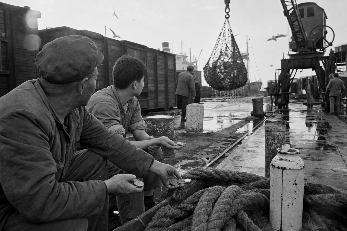 1956 press photograph on Kodak Tri-X 400, Port of Tianjin quay; Nikon S2 with 35mm lens, flashbulb fill balanced with bright overcast; asymmetric composition from knee height near a coiled hemp rope; dominant subject two stevedores—one older, broad-shouldered in a faded cap, one younger with rolled sleeves—palming brass work tokens while glancing toward a swinging cargo net; gantry crane wheels and a dripping hook in the upper right; dark-liveried boxcars with chipped paint beyond salt-streaked bollards; puddles, gulls, and an enamel thermos with worn edges; visible grain and slight lens flare; no legible lettering on wagons, crates, or tokens.