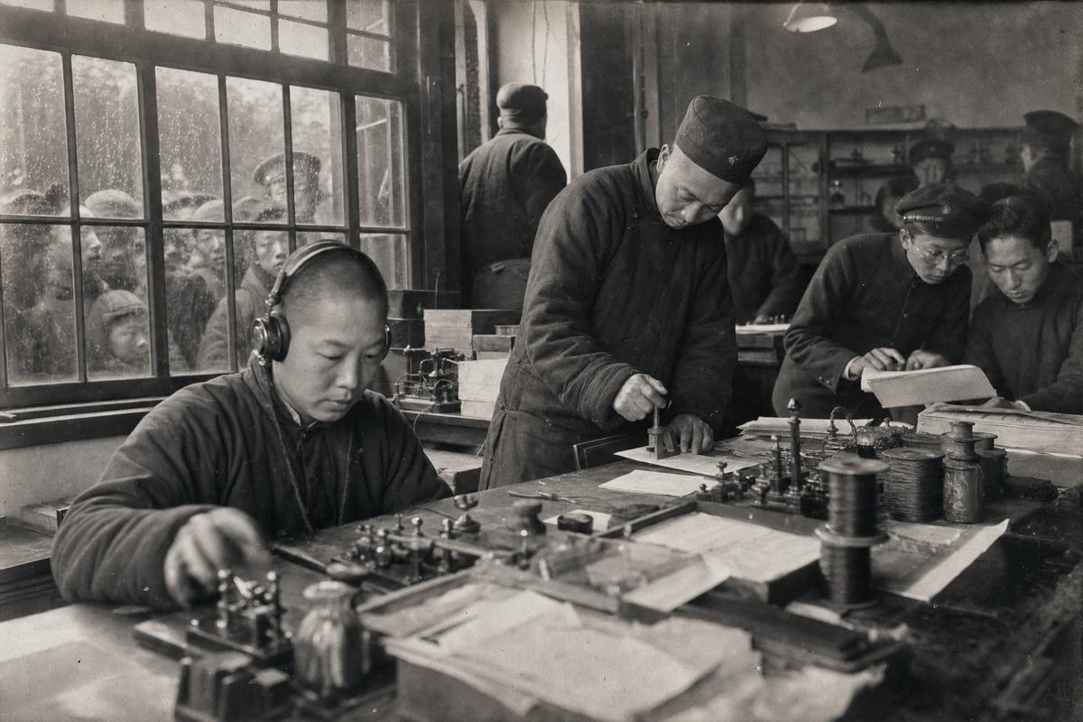 Interior of a Beijing telegraph office during the 1919 strike; archival gelatin silver print photograph on fiber paper from a 4x5 glass plate negative; window light from the left with gentle falloff to the rear; candid, off-center framing across a crowded desk; dominant subject: a telegraph operator wearing headphones, left hand on a brass key while a union steward stamps a slip beside him; motion blur in the operator’s fingers; two students, distinct in age and build, lean over a timetable; outside the rain-streaked windowpanes, faces of a crowd are pressed close; desks cluttered with wire spools, ink wells, and unsent telegram forms turned away from camera so no text is readable; slight lens distortion and corner softness from an uncoated 150mm lens; dust specks and fingerprint marks in the emulsion; no modern elements, no legible signage or documents.