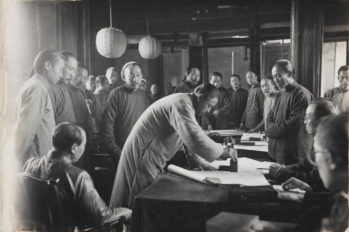Provincial assembly hall, Nanjing, June 1920, during the promulgation of the Nanjing Charter; archival gelatin silver print photograph from a large-format 8x10 negative; oblique view from the side aisle to avoid a centered pose; dominant subject: a delegate in a long gown bending to press an inked seal onto parchment while other delegates watch, faces distinct and varied in age and build; paper lanterns hang from timber beams; scrolls and documents lie on the table with text turned away or occluded; tonal range from deep blacks of lacquered chairs to soft midtones on faces; slight motion blur in the sealing hand, edge vignetting, and a faint light leak along the left margin; captured with a field camera using a 210mm lens; no modern elements, no readable text.
