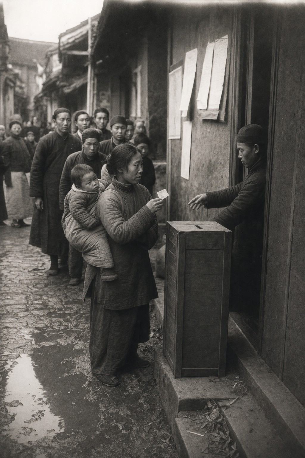 Queue at a Nanjing polling place during the December 1921 general election; archival gelatin silver print photograph from a 6x9 folding camera negative; vertical frame taken from across a narrow lane; dominant subject: a woman in a long jacket holding a small registration chit, child on her hip, as an election clerk gestures toward a plain wooden ballot box; men and women of varied ages wait behind her, with distinct faces and postures; the box is unmarked wood with a slot and no writing; posted notices on the wall are angled away to prevent readable text; damp cobblestones with shallow puddles reflect soft light, stray leaves and sand near the doorway; moderate grain, slight motion blur in passersby, uneven exposure at the top edge; no modern elements, no legible text.