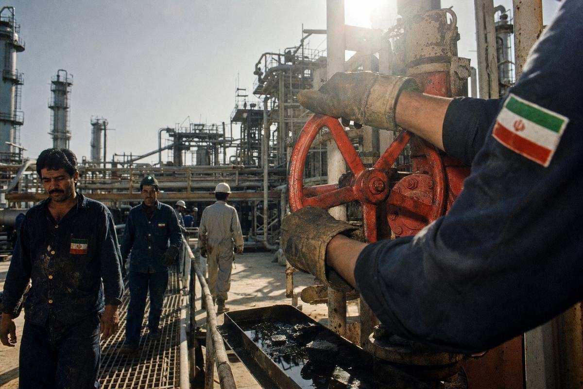 Late-1960s color photograph at Abadan refinery, Iran, shot on Kodachrome 64 with a 35mm lens on a Pentax Spotmatic; fine grain with saturated reds and a slight warm Gulf haze. Asymmetric industrial composition: dominant subject is a pair of gloved Iranian engineers’ hands turning a large red valve wheel in the right third of frame; midground shows catwalks, ladders, and distillation columns with heat shimmer. A few workers in oil-stained coveralls pass along a grated walkway, faces distinct and varied; patches show national insignia without any readable text. Sun flare at top edge, light rust streaks on piping, and an oil sheen on a drip tray.