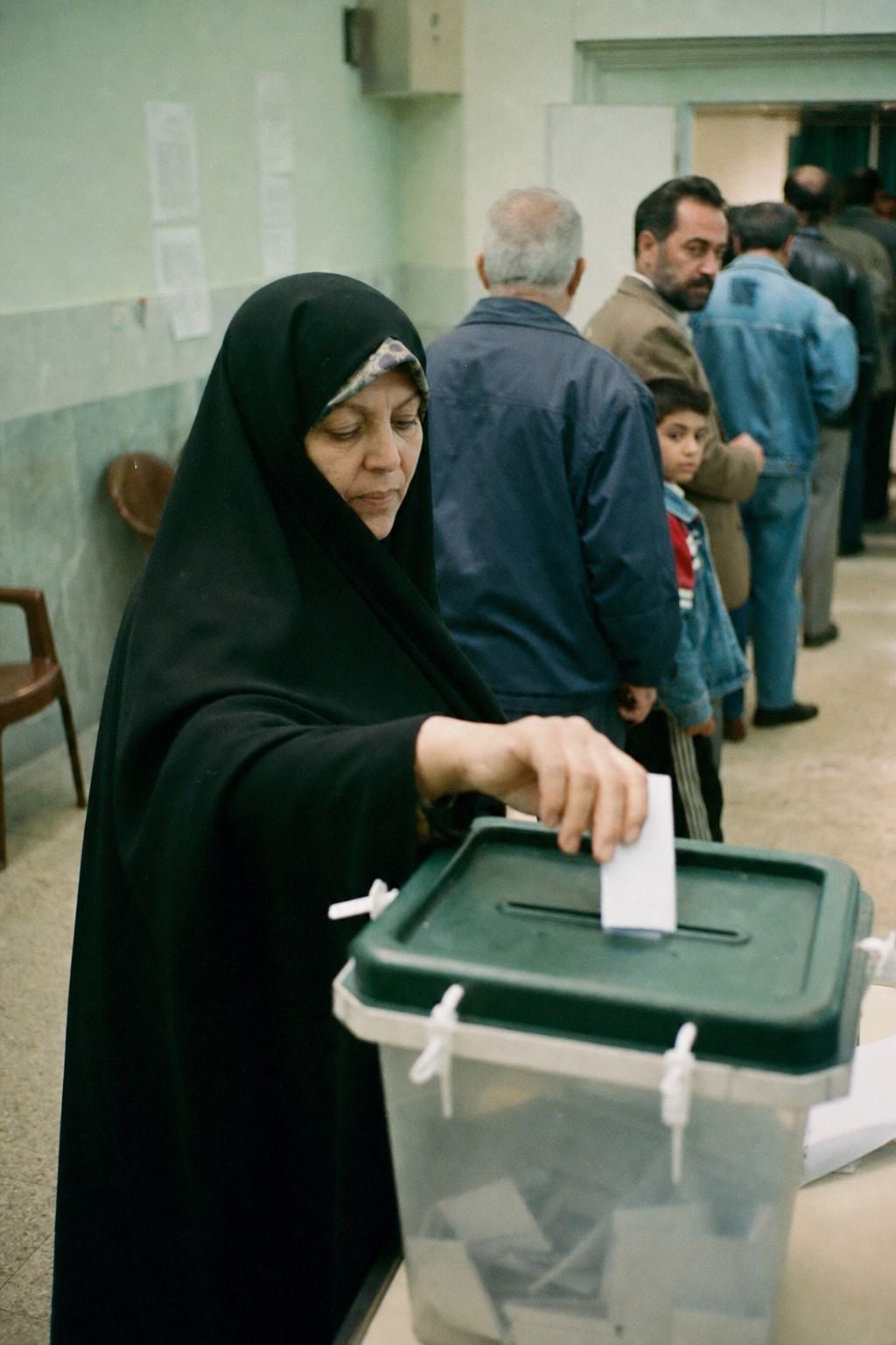 Late-1990s interior color photograph at a Tehran municipal polling station, shot on Fujicolor 400 with a 50mm lens on a Canon AE-1; visible grain with slight green cast from fluorescent lights and mild motion blur in the queue. Asymmetric composition near the ballot box: dominant subject is a middle-aged woman in a dark chador placing a folded ballot into a translucent box; behind her a short, curved queue of voters of varied ages and postures extends toward a doorway. Incidental details include scuffed linoleum, plastic chairs, and a wall with notice papers turned away from the camera to avoid any readable text; no modern digital elements.
