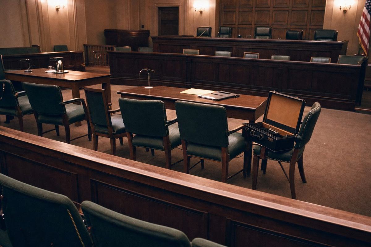 1984 color photograph of a quiet federal courtroom used for surveillance warrant hearings: empty counsel tables angled toward a dark wood bench, soft incandescent spill from sconces, and a U.S. flag partly visible at far right. Shot on Kodachrome 64 with a Leica M4 and 28mm lens; warm tungsten cast, fine grain, and slight perspective distortion from a low, off-center vantage in the gallery. One chair holds a half-open leather briefcase; scuffed carpet and worn armrests in the foreground. Composition deliberately excludes any plaques, mottoes, or signage; no text visible.