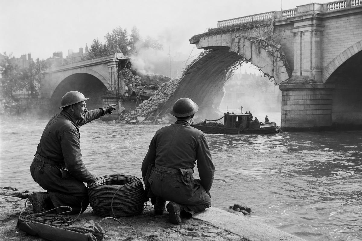 Archival black-and-white silver gelatin photograph taken from the Left Bank riverbank in late June 1940, wide-angle view of a partially demolished Seine bridge. Primary subject: two French military engineers in steel helmets kneeling by a coil of detonation cable in the foreground, one pointing with a gloved hand toward a fractured arch belching smoke. Rubble and rebar jut from the broken span; water churns around fallen masonry; a small workboat drifts near the pier. Shot on a 4x5 Graflex Speed Graphic with a 127mm lens, Kodak Super-XX sheet film; sharp central detail with gentle falloff at edges, slight lens flare from diffuse sunlight, ash specks visible on the water surface. Asymmetric composition with the broken arch offset to upper left; no legible signage; uniforms scuffed; faces distinct in age and build.