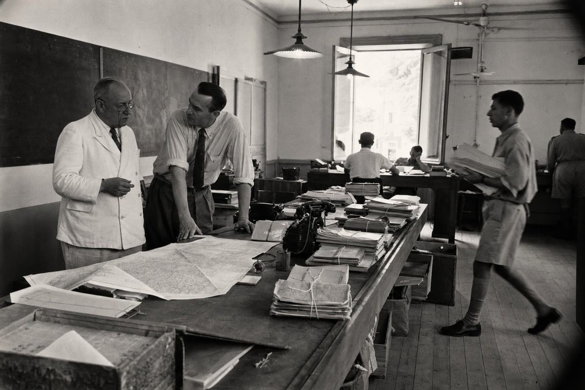 Archival black-and-white silver gelatin interior photograph, Algiers, July 1940, candid view inside the Palais d’Été chamber of the Algiers Continuation Government. Primary subject: a long bench crowded with maps (folded to show contours without labels), field telephones, and string-tied dossiers stacked unevenly; two ministers stand mid-conversation at left, one older with pince-nez, the other younger in shirtsleeves leaning over a map; a clerk crosses the aisle with a sheaf of blank forms. Overhead fans and a single shaded lamp cast soft shadows; wooden floor scuffed; open window with bright rectangle of Algerian light at rear. Shot on a Rolleiflex TLR with 75mm lens, Kodak Super-XX 120 film; moderate grain, slight motion blur on the clerk’s stride, mild edge darkening. Asymmetric composition; no legible documents or wall text.
