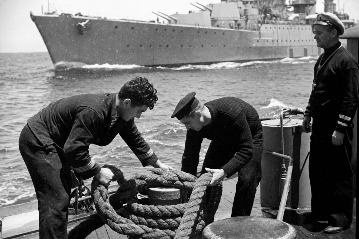Archival black-and-white silver gelatin photograph on deck in the Western Mediterranean, circa 1941, showing sailors from the Marine Nationale and Royal Navy working together during replenishment at sea. Primary subject: two sailors of distinct builds coiling a heavy hawser near a bollard, one in a French jacket with stripes at cuff, the other in a Royal Navy jumper; a petty officer stands back with a whistle cord at his neck, watching the line. In the background, the bow of a larger cruiser cuts the water; spray flecks the lens; rope fibers and wet deck planks visible. Shot on a Zeiss Ikon Contax II with 50mm Sonnar, Agfa Isopan film; high contrast under strong sun, salt haze softening distant hull lines, fine to medium grain. Asymmetric composition; no ship names or lettering visible; natural posture and distinct faces.