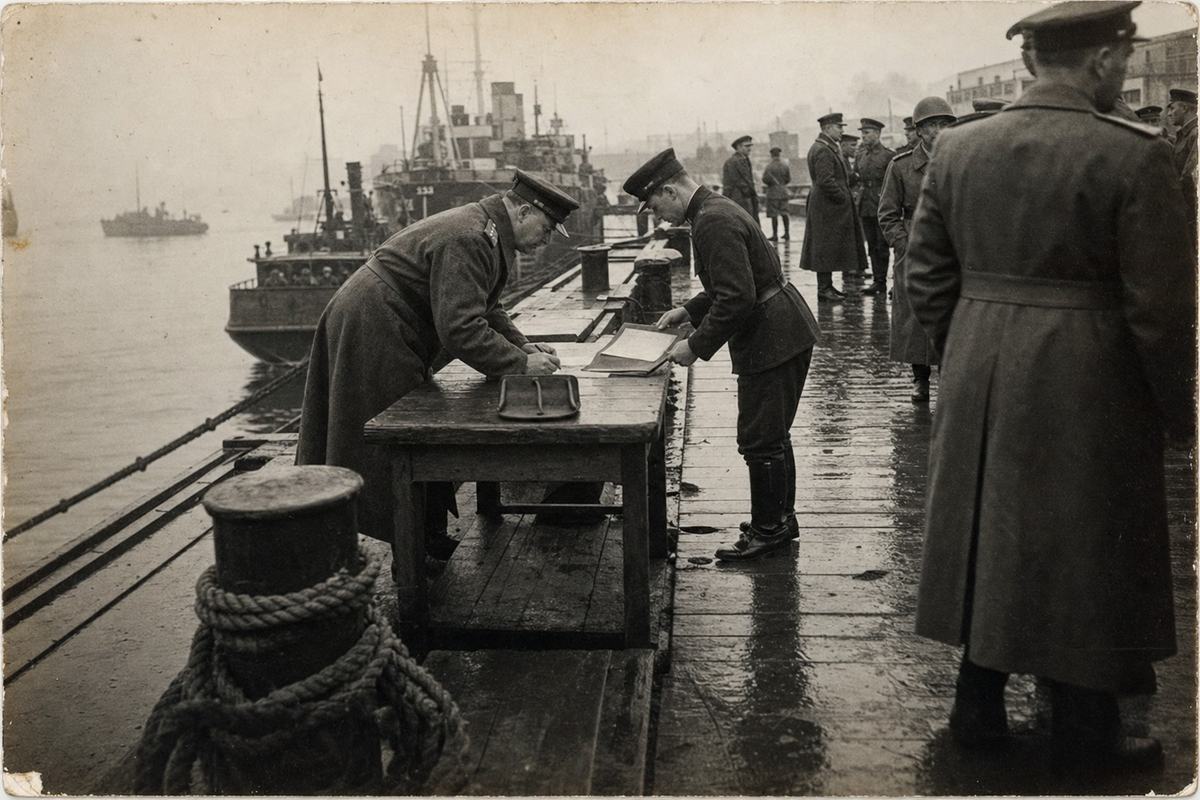 Archival silver-gelatin print, September 7, 1945: oblique view along a damp wooden pier at Otaru harbor during the northern surrender ceremony; a Soviet officer in a peaked cap leans over a weathered table as a Japanese representative in a dark uniform bows slightly, hands poised over a folder; moored vessels in misty background, bollards and coiled lines in the foreground; captured with a 35mm rangefinder, 50mm lens; fine-to-moderate grain, faint edge curling and sepia toning from aging, raindrops stippling the deck; candid, asymmetric composition; no legible ship names, flags, or signage anywhere in frame.