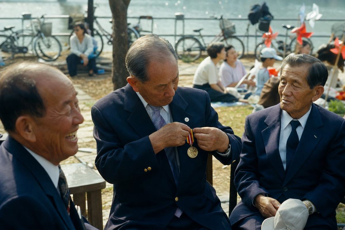 Color photograph from the late 1990s shot on Fujicolor 200 negative film with a Nikon F3 and 85mm lens; shallow depth of field, warm late-summer cast, gentle grain in midtones. Asymmetric, candid composition on the Han River embankment. Dominant subject: an elderly ROK 5th Division veteran in a navy blazer adjusts the ribbon of a service medal with weathered hands; two fellow veterans nearby are distinct in face and build—one laughing with eyes closed, the other holding his cap in his lap. Families blur in the background on picnic mats, children playing with paper pinwheels; bicycles lean against a railing; rippled river light reflects beyond. No readable text, banners, or logos in frame.