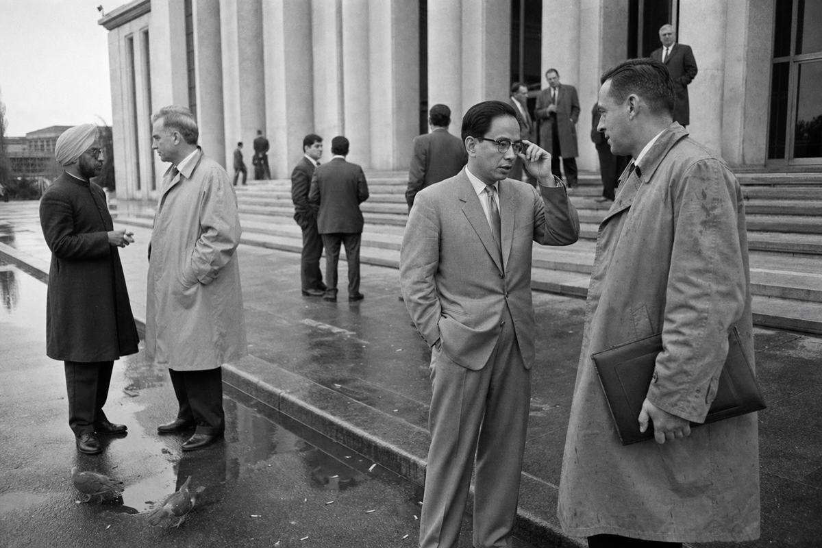 1954 black-and-white silver-gelatin press photograph, Ilford HP3 on 35mm Leica M3 with 35mm Summaron lens; candid wideframe outside the Palais des Nations in Geneva during the Geneva–An Khê sessions; Vietnamese, French, and ICC delegates in small knots on the steps and pavement: a Vietnamese diplomat in a light suit adjusts his glasses as a French officer in a rumpled trench coat clutches a folder; an Indian ICC official speaks to a Canadian colleague slightly apart; wet pavement with puddles, scattered cigarette butts, pigeons near the edge; off-center composition with the main conversation to the right and the colonnade receding left; mid-contrast tones, fine grain, light rain speckling overcoats; no banners, placards, or readable text.