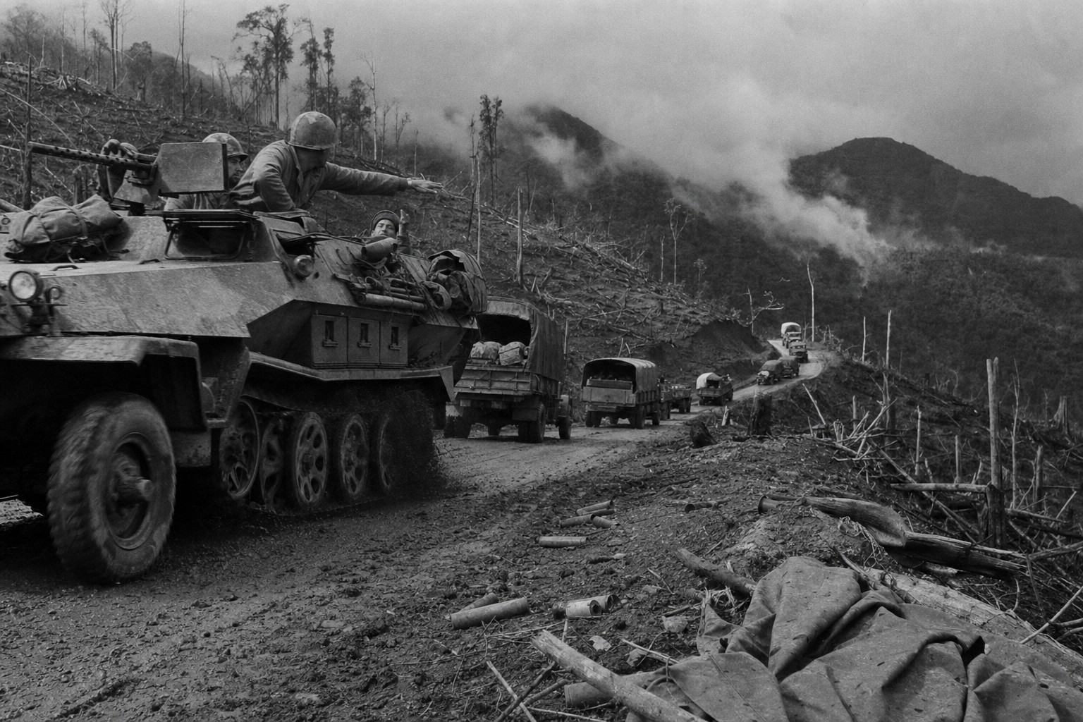 Archival 1954 silver-gelatin press photograph on 35mm Kodak Tri-X, Leica IIIc with 50mm Summitar lens, handheld; armored half-track leading a line of trucks inching along the switchbacks of Highway 19 near Mang Yang Pass, Vietnam; scorched brush and splintered branches at the roadside, smoke drifting from a shelled ridgeline under a low monsoon ceiling; muddy ruts, spent shell casings, and a torn canvas tarp in the near foreground; crew faces strained, helmets askew, a radio operator leaning out to gesture forward; asymmetric composition with the half-track entering from the left edge, the road curving away to the right; moderate film grain, slight motion blur at the wheels, vignetting at the corners, uneven exposure from the overcast sky; documentary war photography style, no readable signage or text.