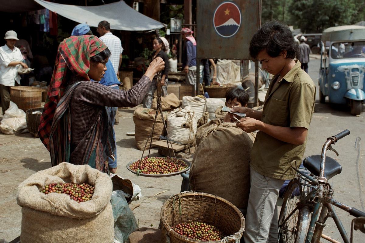 Late-1970s color photograph on Kodachrome 64, Canon AE-1 with 35mm lens; a bustling Pleiku street market where a Montagnard woman in a patterned headscarf weighs coffee cherries on a hanging scale while a young man counts banknotes; sacks and woven baskets spill across cracked pavement, a child peers from behind a stacked burlap sack; a weathered municipal signboard with a colored emblem sits in the background, no readable text; a tuk-tuk and a rusted bicycle at the frame edge; warm saturated colors, crisp grain, deep reds and greens; asymmetric composition with the weighing gesture left of center and stalls receding into the background; natural light with slight falloff under canvas awnings.