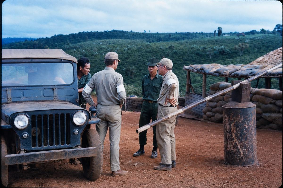 1974 color slide photograph on Kodak Ektachrome, Nikon F2 with 50mm f/1.4 lens; an ICC field team jeep halted at a Highlands checkpoint near Pleiku; two observers in khaki with armbands confer with a local constable in dark-green uniform while the driver leans on the hood; distinct faces and builds, relaxed but intent postures; sandbags and a timber barrier, red clay dust on boots, a dented oil drum used as a bollard; hillside coffee bushes beyond the post, low clouds; off-center framing with the jeep to the left foreground and the barrier angling across; slight blue cast and saturated midtones, minor edge color shift typical of aging Ektachrome; no legible signage or text.