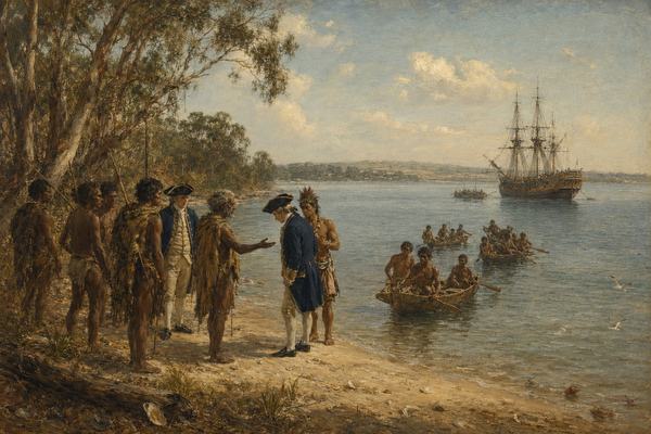 18th-century oil painting on canvas in the British maritime school, oblique vantage from a low sandy dune at left looking out across Botany Bay (Warrane); HMS Endeavour sits at anchor off-center to the right, rigging finely rendered; in the midground several Eora bark canoes approach, paddlers of varied ages and builds with natural posture; on the near shore a small group of Eora leaders and British officers stand in a loose semicircle, one elder extending an open palm as a British officer inclines his head, a Polynesian navigator slightly behind interpreting; shells and driftwood in the sand, paperbark trees and low scrub behind; soft morning light with muted earth and sea tones; visible brushwork, varnish yellowing, and light craquelure, canvas weave apparent in thinner sky passages; no modern elements, no text or lettering; asymmetric composition with incidental details like gulls and ripples; museum-quality reproduction photographed straight-on under even gallery lighting