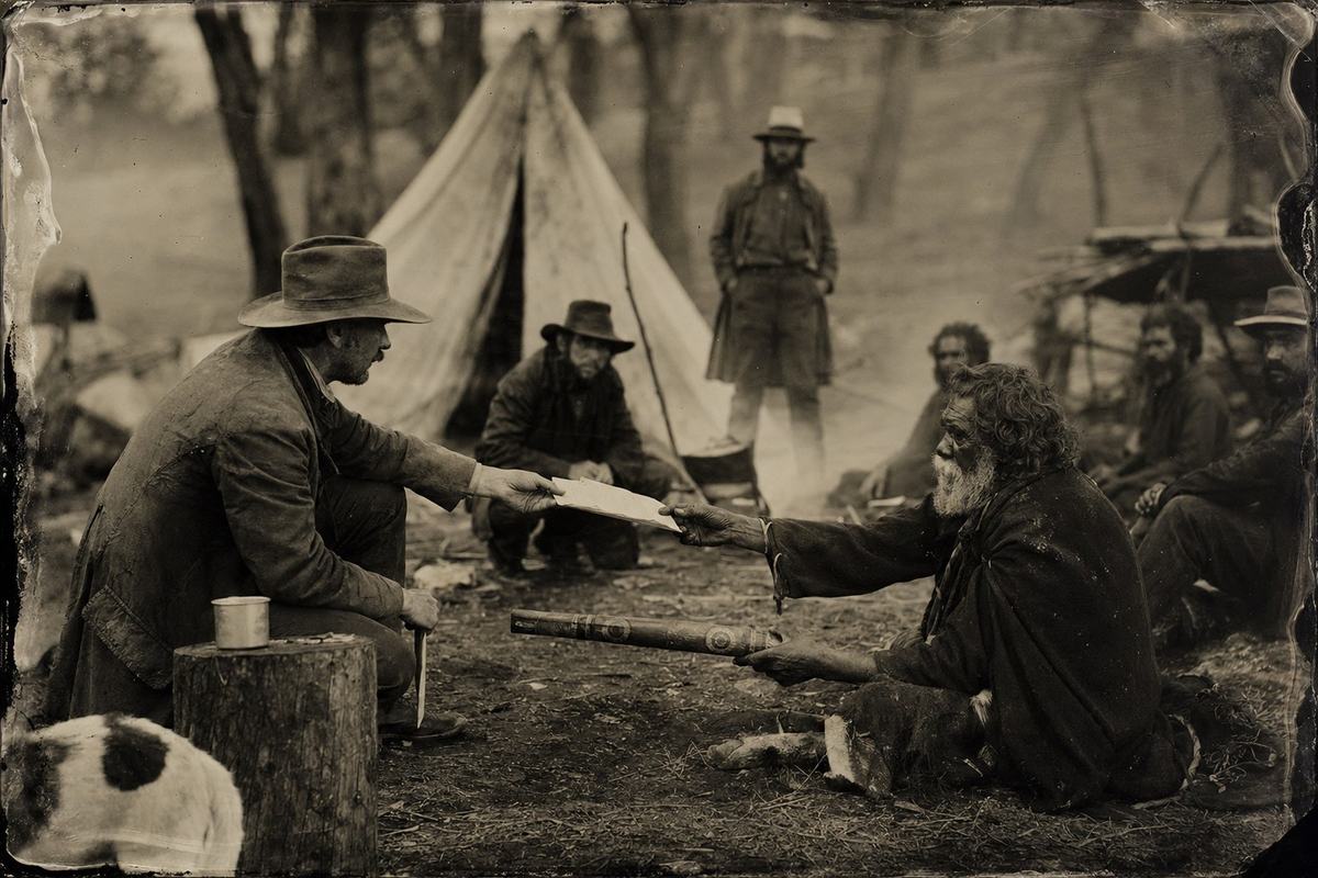Mid-19th-century albumen print made from a wet-plate collodion negative, taken on Wiradjuri country during the early gold rush; asymmetric composition focused on a treaty council moment: a colonial commissioner in a battered felt hat, coat dusty, extends a folded compact sheet while a Wiradjuri elder with carved message stick reaches to accept it; hands mid-gesture show slight motion blur from long exposure; background includes canvas tents, a smoking fire, and scattered tools on rough ground; Petzval lens (~150mm) rendering with slight edge vignetting and swirled field curvature, uneven exposure and faint chemical streaking at the plate edges; faces distinct and naturally lit, imperfect posture and varied builds; incidental details like a tin mug near a stump and a stray dog half in frame; no legible text visible on papers, signs, or objects