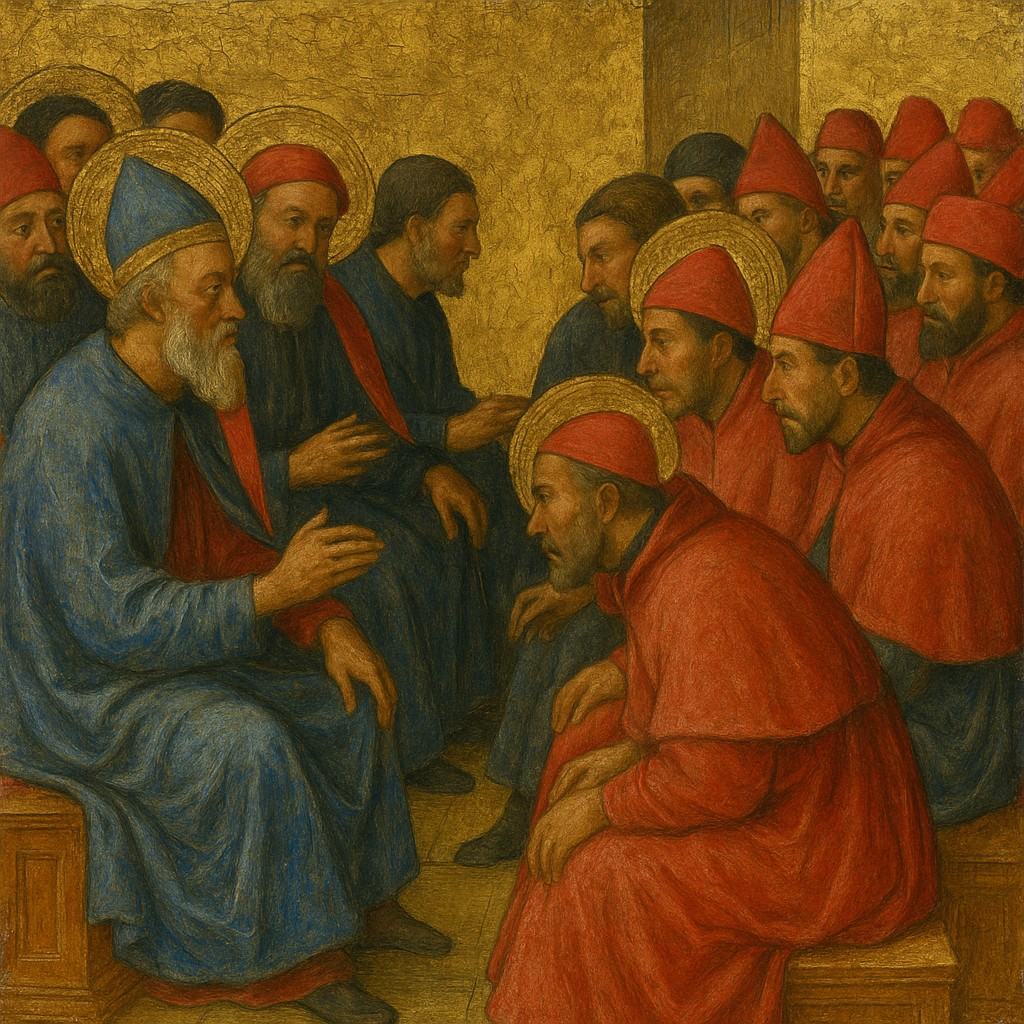 Renaissance oil and tempera on panel with gold leaf, c. 1450, rendered in the manner of a Florentine workshop with Byzantine assistants. The panel depicts a session of the Council of Ferrara–Florence: Eastern and Western prelates face each other across a narrow aisle, a few figures leaning in to confer. Asymmetric vantage from the lower left corner; individualized faces, varying beards and skin tones; gold ground punched for halos; rich red and blue robes with visible brushwork. Aged varnish, fine craquelure, and small edge losses along the lower border are present; no cartouches, scrolls, or inscriptions are painted. The scene is self-contained with no modern frame or labels intruding.