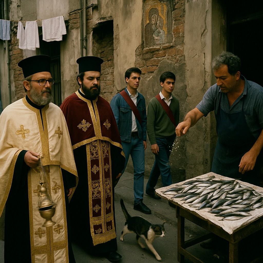 Color photograph, 1989, taken in Constantinople’s old quarter during a feast-day procession. Shot on Ektachrome 100 with a Leica M6 and 28mm lens at f/8. Asymmetric street scene: two mixed-rite clergy process past a fish stall where a fishmonger sprinkles water over sardines; a pair of students in sashes thread behind them; a stray cat darts between ankles. Overhead, laundry lines sag; cracked stucco and exposed brick flank mosaic fragments that catch late-afternoon sun. Fine grain, slight blue cast common to Ektachrome; mild motion blur in swinging censer. No legible shop signs, banners, or lettering anywhere in frame.