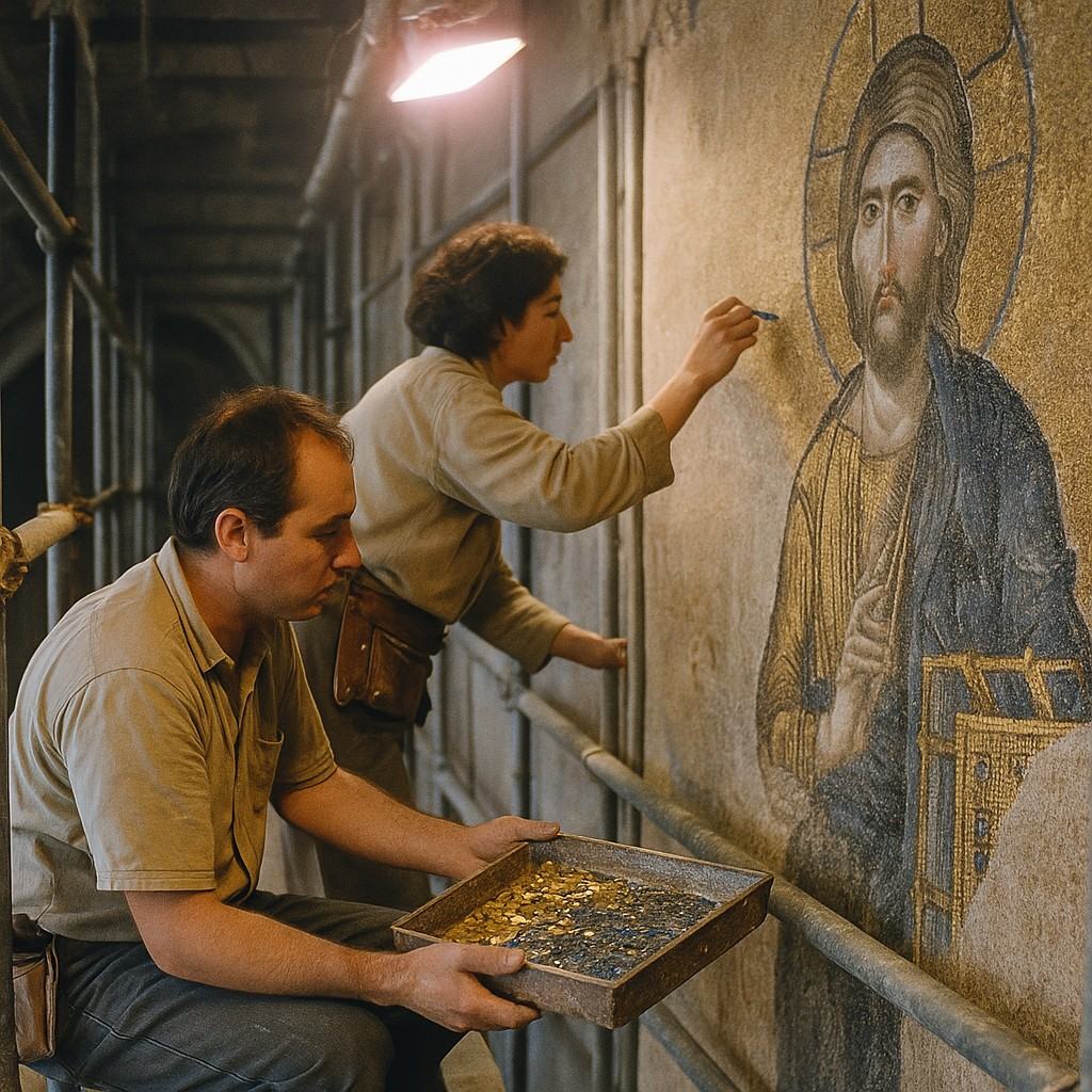 Color photograph, 1989, inside Hagia Sophia showing mosaic conservation ahead of the anniversary. Shot on Fujicolor 400 with a Nikon FE2 and 50mm lens, tripod-mounted at 1/15 sec. Asymmetric view along a narrow scaffold: one conservator steadies a shallow tray of gold and blue tesserae while another sets a blue glass piece with tweezers into the Deesis field. Diffuse work lamps reveal the shimmer of gold and the granular mortar bed; dust motes float in the beam. Tool belts scuffed; plaster smudges on hands; scaffold pipes and faint angelic outlines recede behind. Noticeable but natural grain and slight motion blur in hands; no clipboards, tape, or gear with printed lettering visible.