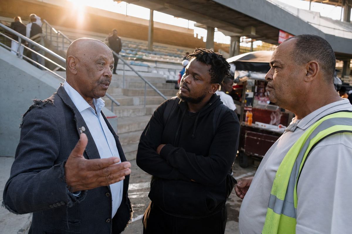 Digital press photograph, 2026, taken with a 35mm‑equivalent lens at f/2.8; candid, asymmetric composition on the Orlando Stadium concourse. Dominant subject is a retired police commander in a worn blazer gesturing with an open hand as he speaks to a former student leader and a factory shop steward, each clearly distinct in age, face, and build. Late-afternoon light flares from the upper stands; gentle high‑ISO noise in shaded areas; background includes concrete steps, faded seat markings with no legible text, and a vendor’s cart; natural skin texture, relaxed postures, no one looking directly at the camera.