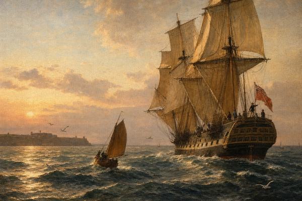 Early 19th-century oil painting, British marine school in the manner of Nicholas Pocock/George Chambers Sr.; vantage just off Spithead near Portsmouth Harbor, a 38-gun Royal Navy frigate under full sail at dusk, studdingsails set to port, quarterdeck figures including an Admiralty courier gesturing seaward, a small fishing smack crossing the wake, distant coastal fort on a low headland; naturalistic brushwork with crisp rigging lines, warm low sun skimming the wave tops, subtle varnish yellowing and fine craquelure in the sky, faint canvas weave visible in light passages; asymmetric composition with the frigate on the right third, choppy Channel swell and scattered gulls; museum-quality maritime art, no text or modern elements.