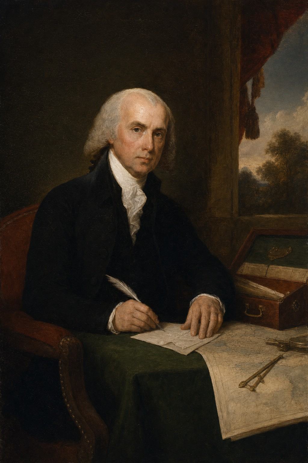 Oil on canvas portrait, c. 1815–1820, American Federal portrait school in the manner of Gilbert Stuart; three-quarter view of President James Madison offset left, slight forward lean, seated at a green-baize writing table with a folded letter and quill in hand, a dispatch box ajar beside coastal charts and a small brass divider; dim interior with a draped window revealing faint treetops; restrained, precise brushwork on face and hands with natural skin texture and age lines, warm glaze with light varnish bloom and scattered craquelure around shoulders; asymmetric composition with papers and instruments drawing the eye to the right; museum reproduction, no lettering legible on the papers.