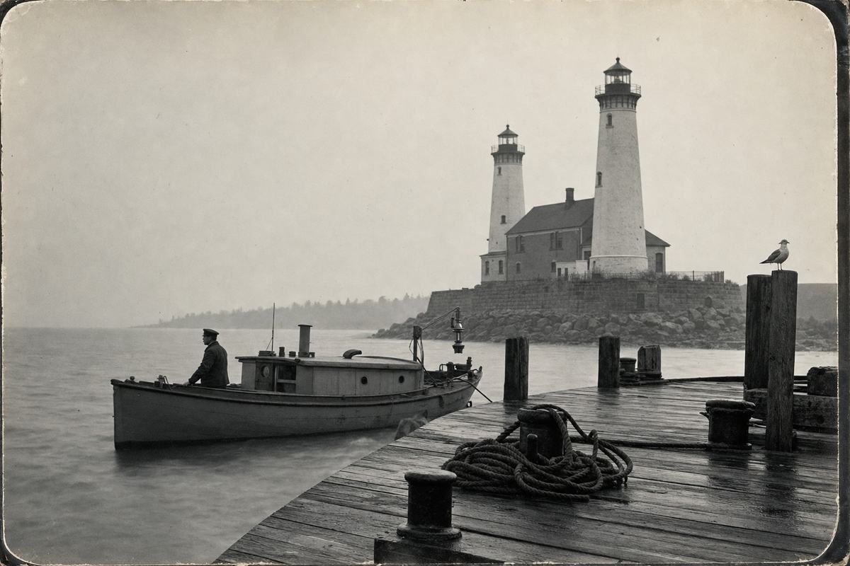 Silver gelatin print, c. 1890, 8x10 view camera with ~300 mm lens on tripod; oblique shoreline view of twin Great Lakes lighthouse towers and a weathered customs pier with tar-stained planks, coiled rope, and bollards in the foreground; a small revenue cutter noses along the lee with a single crewman in cap leaning on the rail; cool morning mist softens the horizon, slight motion blur in water from long exposure, moderate grain and rich midtone range with gentle corner falloff; contact print with subtle edge frilling and shallow edge wear; a gull perches on a piling; no signage or text.