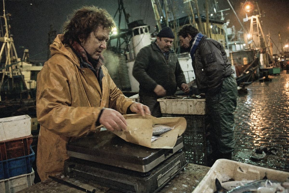 Pre-dawn at the Visserskaai: a fishmonger wraps fish while traders confer by stacked crates, trawlers behind.