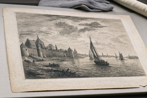 Archival reproduction photograph of a 17th‑century copperplate engraving depicting Haarlem’s city walls and Watergeuzen vessels on the River Spaarne, shot on a full‑frame mirrorless camera (45MP) with a 50mm prime at f/4, ISO 800. The print lies slightly askew on a neutral archival mat; raking museum light reveals the plate mark, ink pooling in cross‑hatched shadows, faint plate wear, and scattered foxing along the deckled edge. A tiny paper tear softens one corner. Composition is off‑center with a mild keystone from a low oblique angle; shallow shadow from the mat lip falls across the lower margin. Background shows the soft blur of a gray cotton glove near the top edge and the edge of a foam book snake, no visible lettering anywhere.