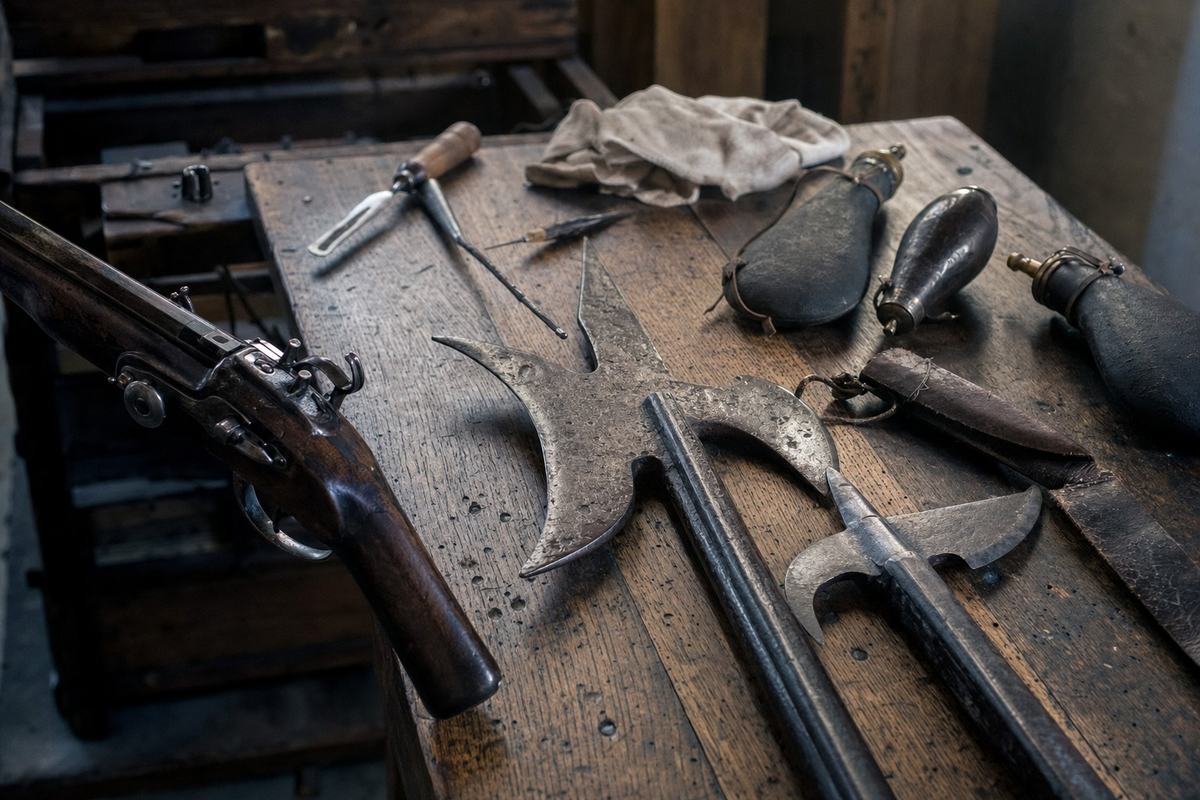 Stilleven van lontslotmusketten, hellebaardkoppen en kruitflessen op een verweerde eiken tafel, gefotografeerd in depotlicht.