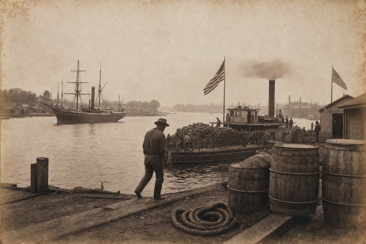 Late‑1850s salted paper print of the Windsor waterfront with a U.S. revenue cutter and river steamers beneath American flags on both banks.