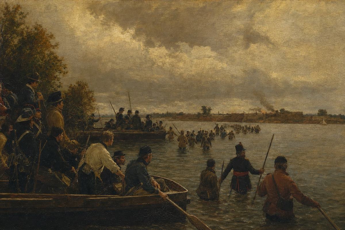 Early‑19th‑century oil painting of troops crossing the Detroit River toward Sandwich with distant fort smoke.
