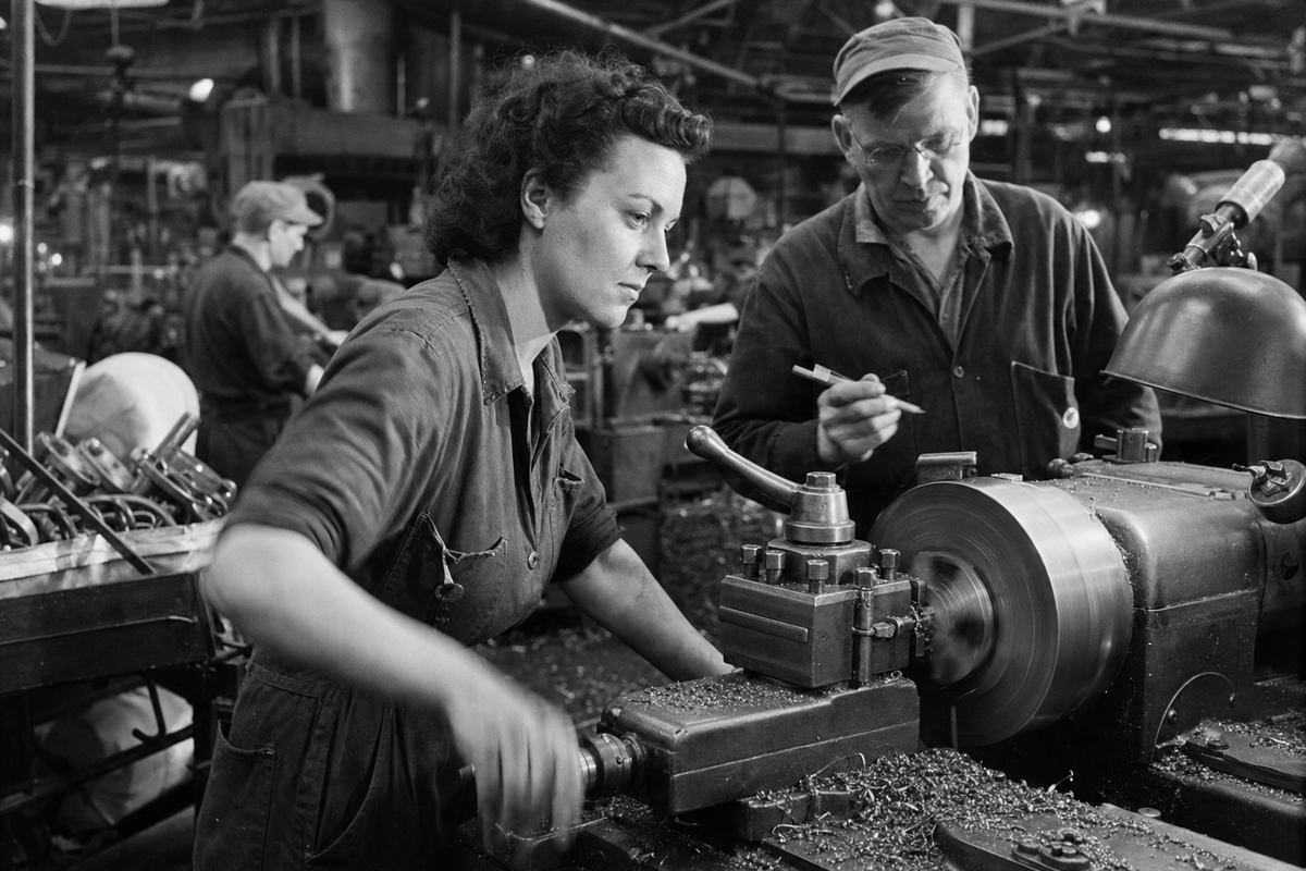 1943 factory floor scene at the Windsor engine works with workers machining parts under harsh shop lights.