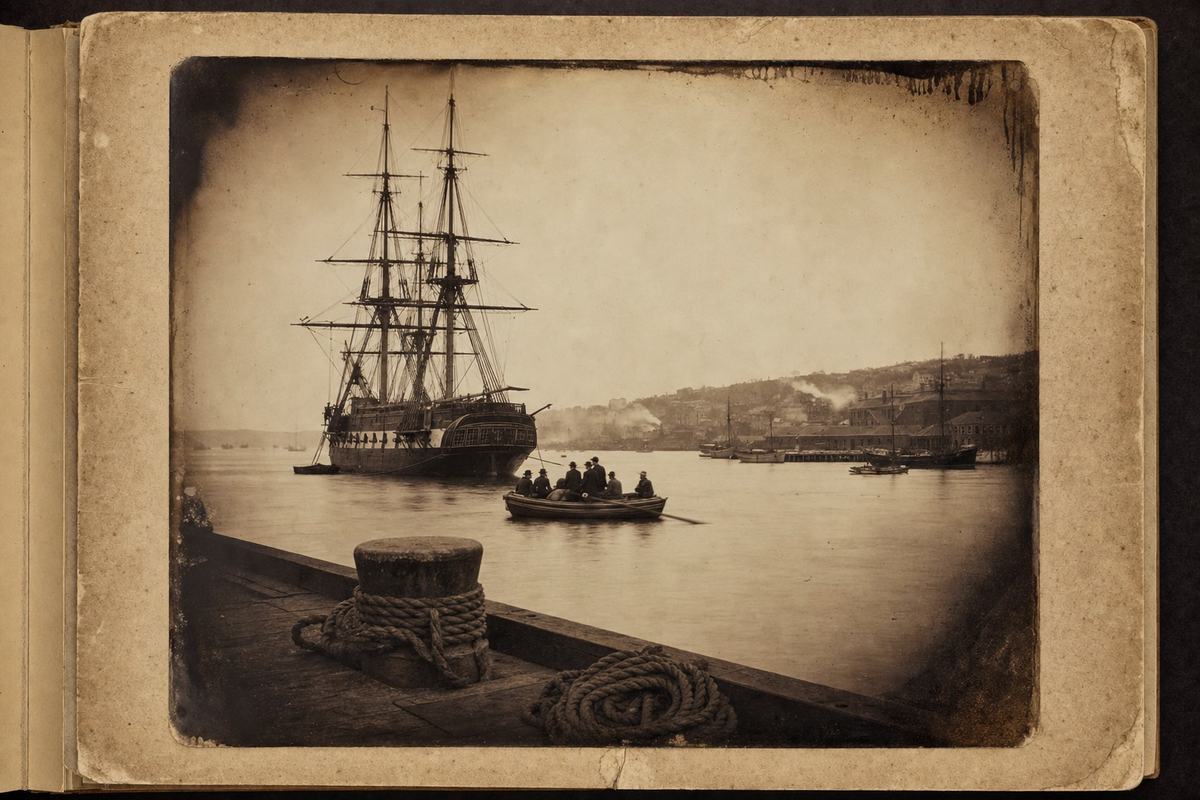Archival 1863 harbor scene photographed on wet-plate collodion glass negative, contact printed as an albumen print with warm sepia tones, slight edge vignetting, and chemical streaks near the plate borders. Off-center view from a wharf in Halifax Harbour: a Royal Navy frigate rides at anchor to the left, rigging and furled sails distinct, with a low boat approaching her starboard side carrying several seated delegates in dark coats. The water shows a silky blur from a long exposure; warehouses and low hills recede to the right with faint smoke and small skiffs. Fine detail falls off at the corners; a mooring bollard and coil of rope occupy the foreground. No lettering is visible on hulls or buildings.